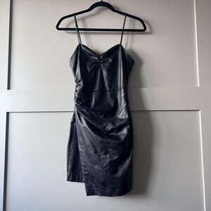Zara Dress Womens Small Black Faux Leather Mini Bodycon Ruched Spaghetti‎ Strap